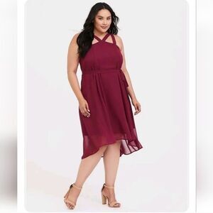 Torrid Dark Red Pink Midi Chiffon Halter Plus Size Cute Classic Dress Size 1x